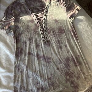 American Eagle Outfitters Purple Tie-Dye Lace-Up Tee